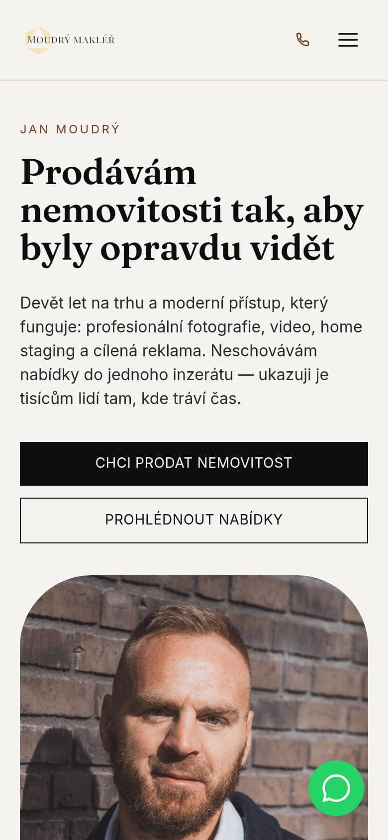 Jan Moudrý's website on mobile — home page